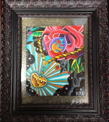 Tattoos - Traditional Rose with Gold bling Chain and Heart - 73786